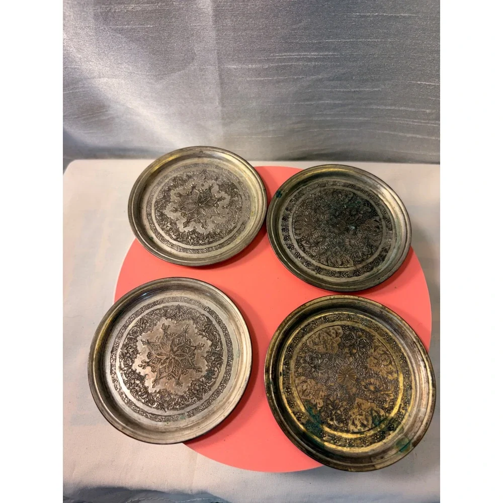 Vintage Etched Metal Coasters Trinket Dishes Set of 4 Floral Mandala Patina
